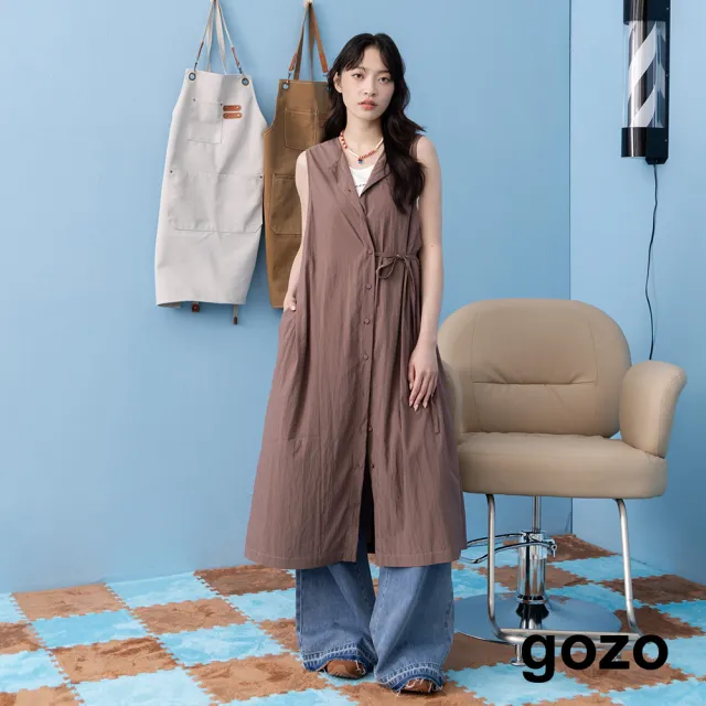 【gozo】不對稱抓摺綁帶涼感背心洋裝(咖啡/藍色)