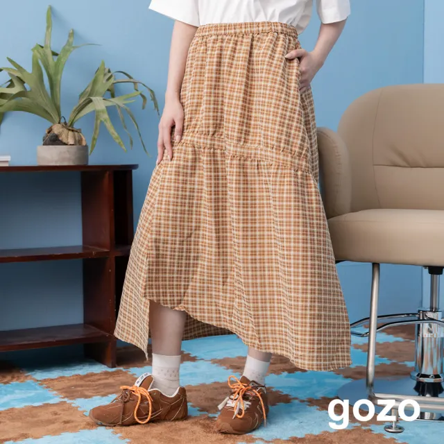 【gozo】格紋不對稱剪裁蛋糕裙(卡其)