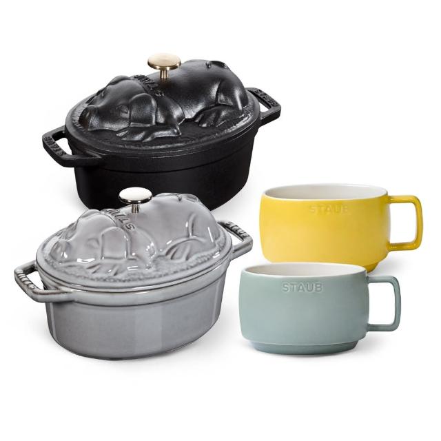 【STAUB】豬造型琺瑯鑄鐵鍋17cm贈陶瓷早餐杯2件組(德國雙人牌集團官方直營)