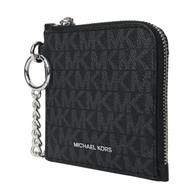 【Michael Kors】銀字滿版防刮鍊帶L型拉鍊零錢包(黑灰)