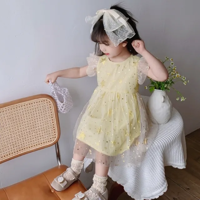 【橘魔法】亮片燙金小飛袖棉紗紗裙洋裝 女童 禮服 兒童 童裝 連身裙 澎澎裙 連身洋裝 連衣裙
