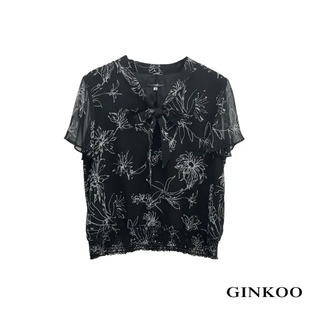 【GINKOO 俊克】前綁帶下擺縮口印花上衣