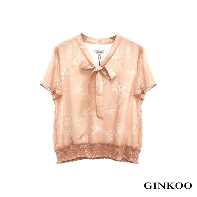 【GINKOO 俊克】前綁帶下擺縮口印花上衣