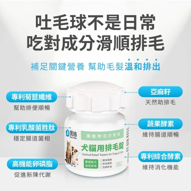 【OurPet 奧沛】犬貓用排毛錠X2瓶(30顆、吐毛球 取代化毛膏 菊苣纖維 綜合酵素 幫助腸胃蠕動 犬貓保健)