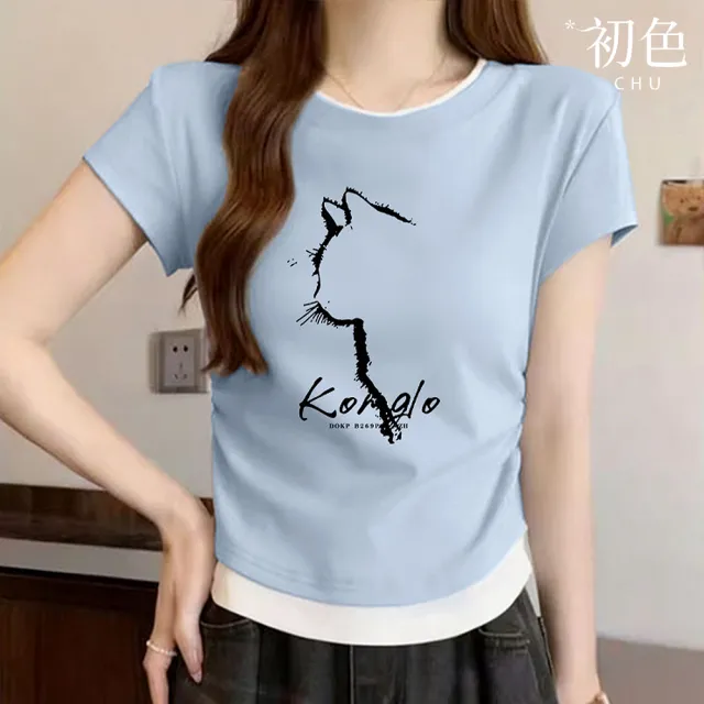 【初色】韓系休閒風假兩件拼接圓領字母貓咪印花褶皺收腰修身百搭短袖T恤上衣女上衣-共2色-53243(M-2XL可選)