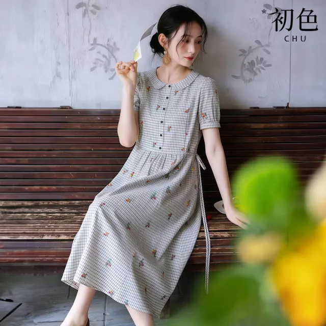 【初色】棉麻文藝風格子印花娃娃領排釦口袋繫帶泡泡袖中長裙連衣裙連身洋裝長裙-格子-53201(M-2XL可選)