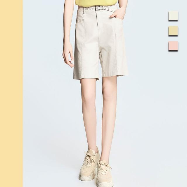 【Just Wear 佳葳】奶油色寬襬五分短褲-附腰帶 3色(女下身/女下著/短褲/實腰/口袋)