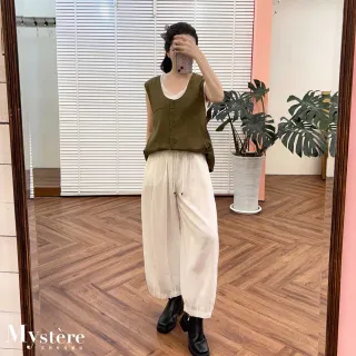 【my stere 我的時尚秘境】雙11 雙層拼接假兩件棉麻背心 橄欖綠 天絲背心 棉麻背心 西裝背心 古著背心
