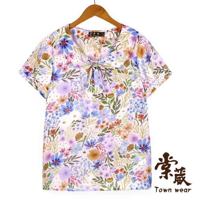 【TOWN’WEAR 棠葳】靜謐花影結飾翻領上衣(女上衣/印花/輕盈/透氣/翻領/優雅)