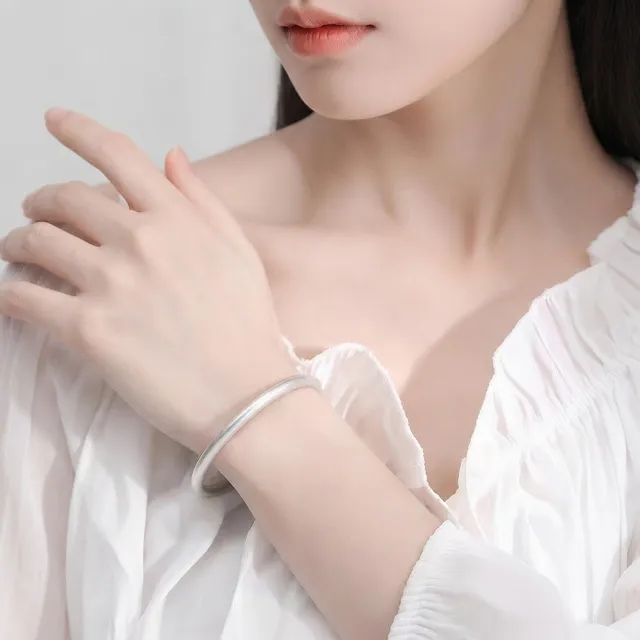 【桃花源創意工坊】古法實心S999銀素圈磨砂手鐲內徑58mm女實心百搭手環女輕奢精緻高級簡約手鍊