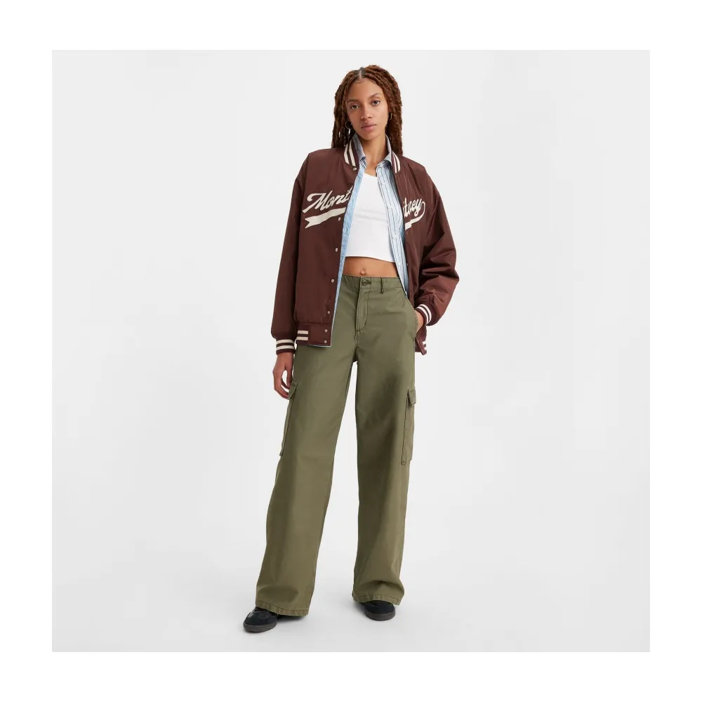 【LEVIS】女款 街頭工裝風中腰寬直筒休閒長褲 橄欖綠 熱賣單品 A6077-0004