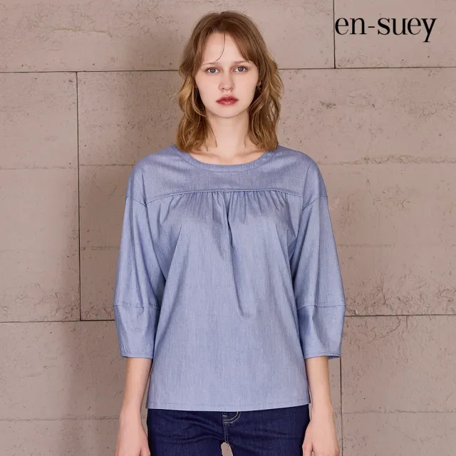 【en-suey 銀穗】落肩切接七分袖圓領上衣-女