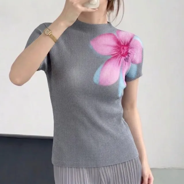 【巴黎精品】三宅風皺褶衣服套裝女上衣長裙高級摺衣彈力女裝顯瘦折衣大碼(T恤印花短袖3色k1ab29)