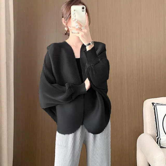 【巴黎精品】三宅風皺褶衣服上衣外套(摺衣壓褶百搭蝙蝠袖針織開衫折衣女外套2色n1jq62)