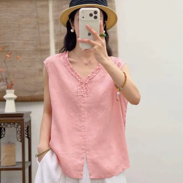 【AKARA】透涼棉麻精緻花邊V領無袖背心款上衣 中大尺碼 M-2XL