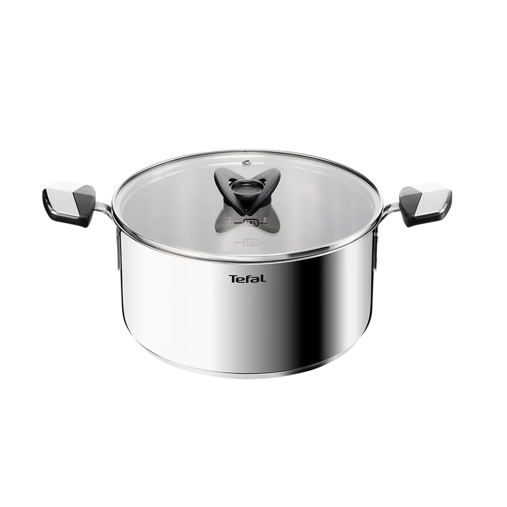 【Tefal 特福】精銳系列24cm不鏽鋼雙耳湯鍋_加蓋(不挑爐具、IH爐可用鍋)