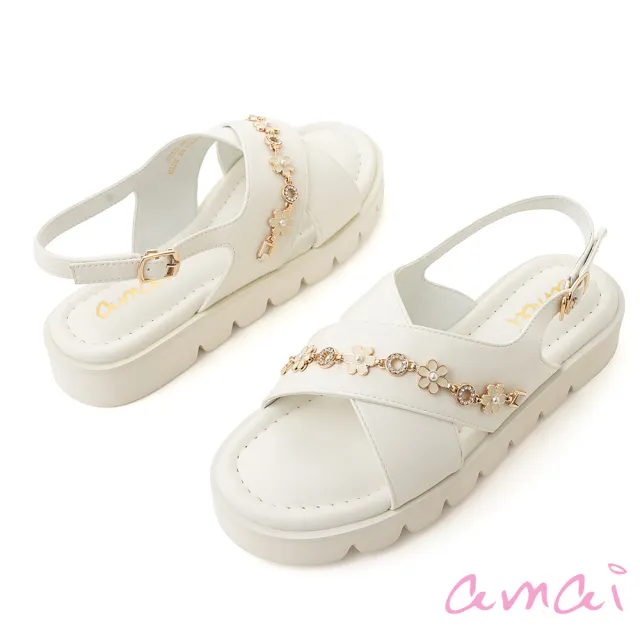 【amai】簡約俏麗花朵鍊帶輕量厚底涼鞋 厚底涼鞋 交叉涼鞋 厚底鞋 時尚 好走 大尺碼 S700WT(白色)