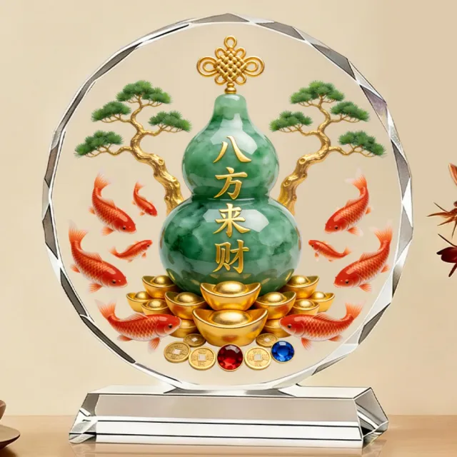八方來財翡翠綠葫蘆水晶擺件30*32cm(八方招財魚/九魚轉運/開幕送禮/招財進寶/玄關客廳風水擺飾)