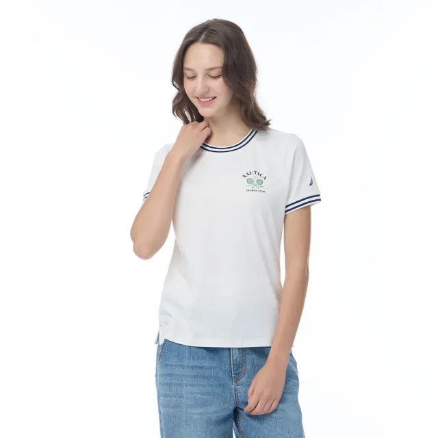 【NAUTICA】官方旗艦 女裝 網球拍圖騰刺繡抑菌短袖T恤(白色)