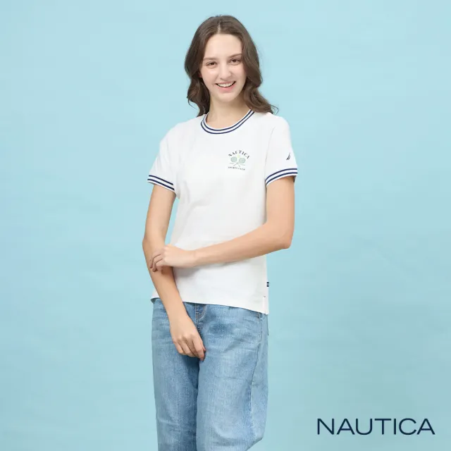 【NAUTICA】官方旗艦 女裝 網球拍圖騰刺繡抑菌短袖T恤(白色)