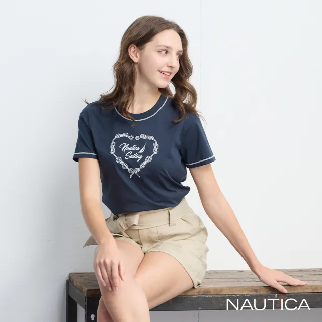 【NAUTICA】官方旗艦 女裝 繩結愛心圖騰涼感短袖T恤(深藍色)