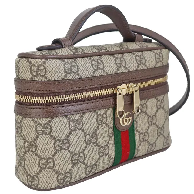 【GUCCI 古馳】Ophidia GG標誌防水帆布化妝斜背/手提包(咖啡/小)