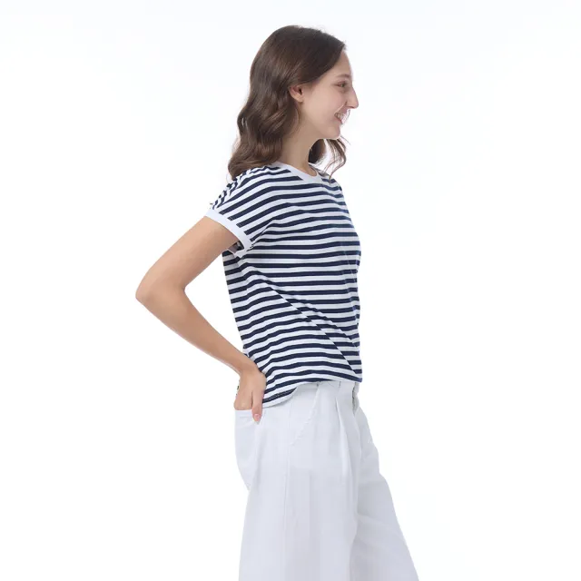 【NAUTICA】官方旗艦 女裝 經典簡約藍條紋短袖T恤(黑色)