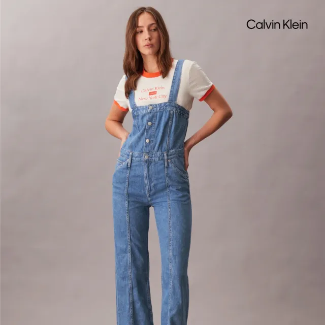 【CALVIN KLEIN】官方旗艦館CK 牛仔闊腿背帶褲_紫色
