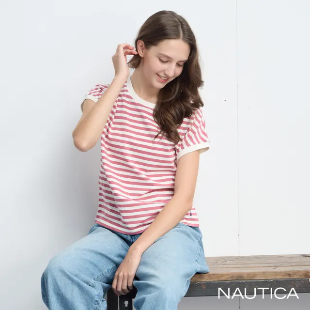 【NAUTICA】官方旗艦 女裝 經典簡約紅條紋短袖T恤(紅色)