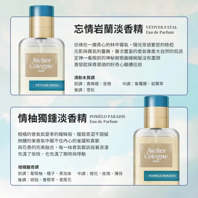 【Atelier Cologne】淡香精 30ml 多款任選(無極烏龍/赤霞橘光/情柚獨鍾/忘情岩蘭/加州盛夏)