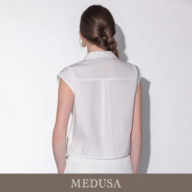 【MEDUSA 曼度莎】現貨-氣質蕾絲層次感翻領抽繩無袖襯衫（M-XL）｜背心穿搭 無袖上衣 女背心