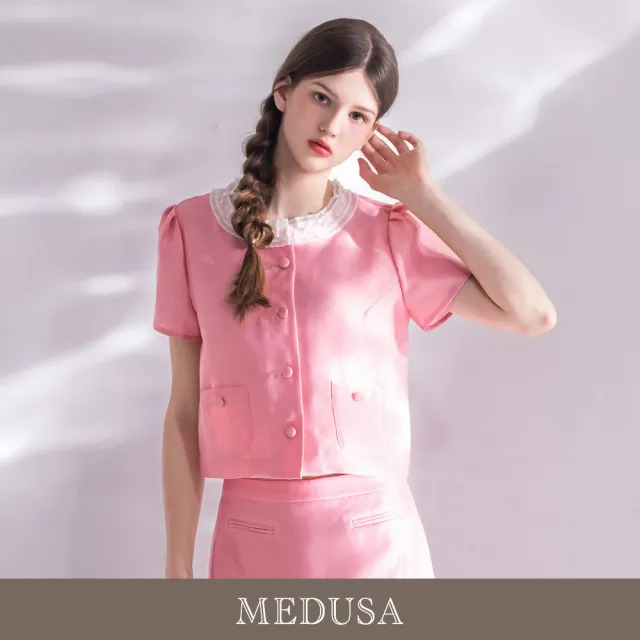 【MEDUSA 曼度莎】現貨-甜美粉漾緞感小香風上衣(M-XL)|短袖上衣 小香風 甜美穿搭