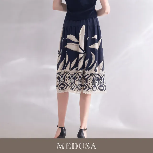 【MEDUSA 曼度莎】現貨-台灣製 深藍蕾絲滾邊天絲棉印花裙（M-XL）｜長裙穿搭 短裙穿搭 天絲棉