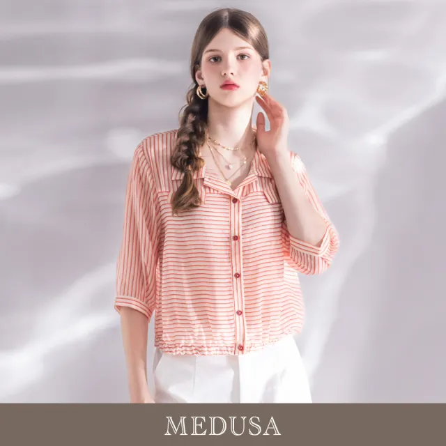【MEDUSA 曼度莎】現貨-輕盈天絲珊瑚條紋七分袖薄襯衫(M-XL)|襯衫女 短袖襯衫 涼感穿搭