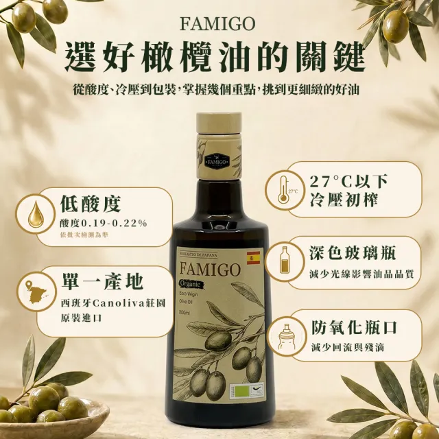【FAMIGO】法米戈 西班牙原裝 冷壓特級初榨橄欖油 500ml×3入 嚴選款(可生飲/酸度小於0.22%/橄欖為Picual)
