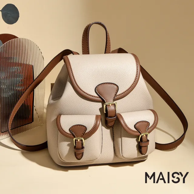 【MAISY】真皮金扣啞光質感荔枝紋後背包 雙肩包(卡其色 / 深卡其 / 黑色)