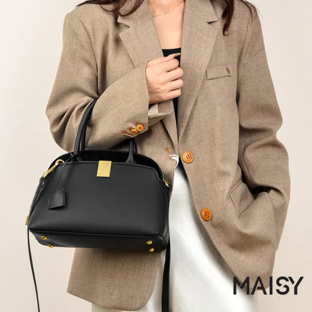【MAISY】經典時尚純色霧感磨砂拼接牛皮貝殼包 斜背包 手提包(紫色 / 紅色 / 黑色)