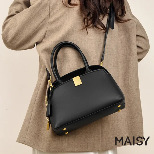 【MAISY】經典時尚純色霧感磨砂拼接牛皮貝殼包 斜背包 手提包(紫色 / 紅色 / 黑色)