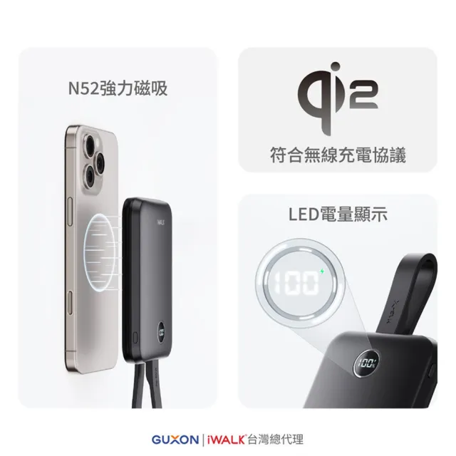 【iWALK】MAGO磁吸帶線行動電源 MXB010 10000mAh(中國3C認證 Qi2 支援Magesfe 蘋果 Type-C 無線充 15W快充)