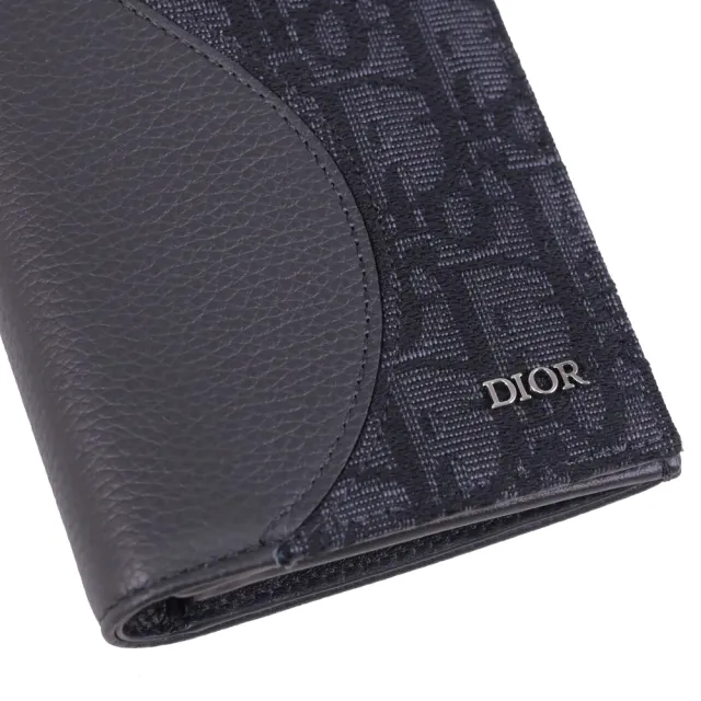【Dior 迪奧】Saddle Oblique 品牌緹花拼接多卡對折零錢長夾(黑)