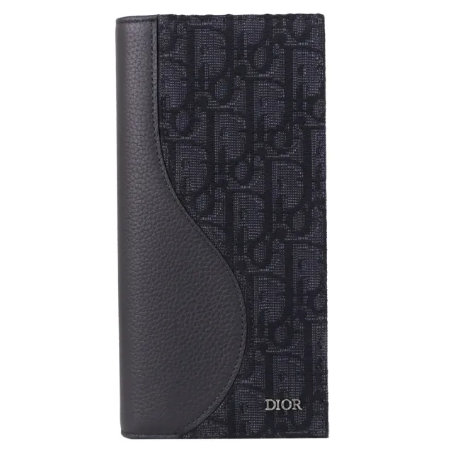 【Dior 迪奧】Saddle Oblique 品牌緹花拼接多卡對折零錢長夾(黑)