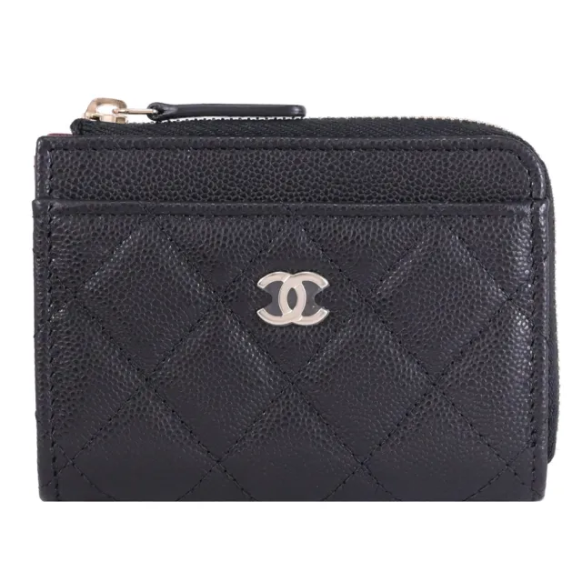 【CHANEL 香奈兒】經典雙C LOGO菱格小牛皮信用卡零錢包(黑/淡金)