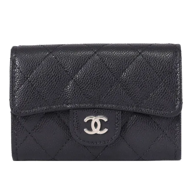【CHANEL 香奈兒】經典雙C LOGO菱格荔枝紋信用卡零錢包(黑/淡金)