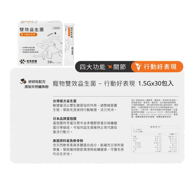 【毛毛好室】雙效益生菌1.5gx30包 (免疫好平衡/行動好表現/泌尿好守護/安穩好心情 寵物保健食品