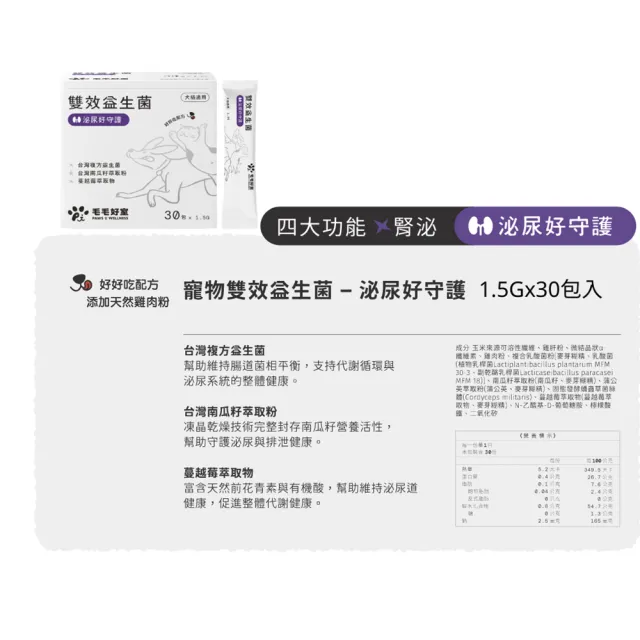 【毛毛好室】雙效益生菌1.5gx30包 (免疫好平衡/行動好表現/泌尿好守護/安穩好心情 寵物保健食品