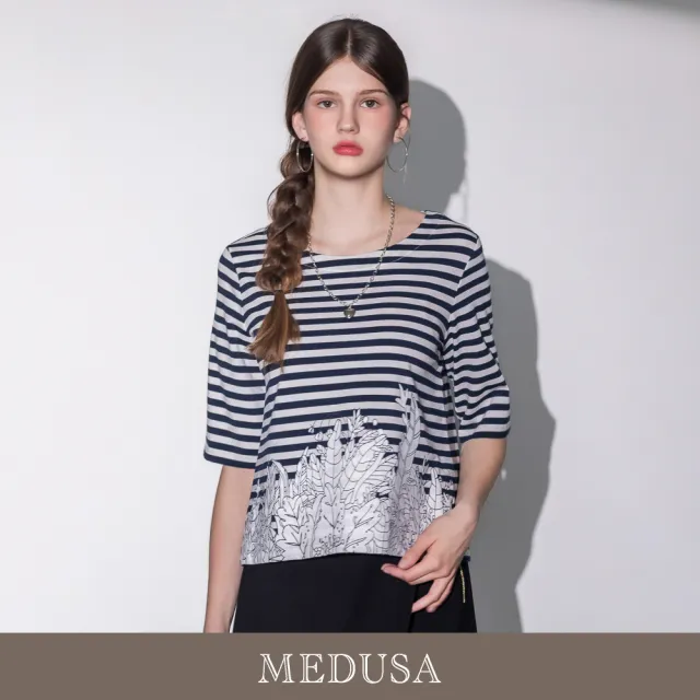 【MEDUSA 曼度莎】現貨-條紋拼接白色燙花五分袖上衣 - 2色（M-XL）｜短袖上衣 女上衣 短袖T恤