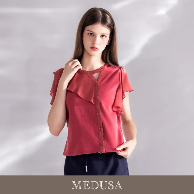 【MEDUSA 曼度莎】現貨-雪紡荷葉拼接不對稱造型上衣（M-XL）｜雪紡上衣 女上衣 雪紡上衣穿搭
