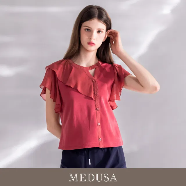 【MEDUSA 曼度莎】現貨-雪紡荷葉拼接不對稱造型上衣（M-XL）｜雪紡上衣 女上衣 雪紡上衣穿搭
