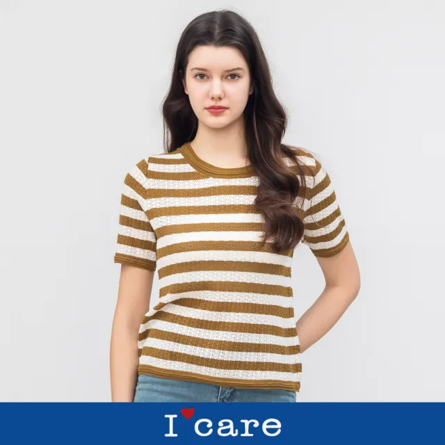 【I’Care 依卡】現貨-質感蕾絲底條紋針織上衣 - 2色（F）｜ 休閒上衣 短袖上衣 女上衣