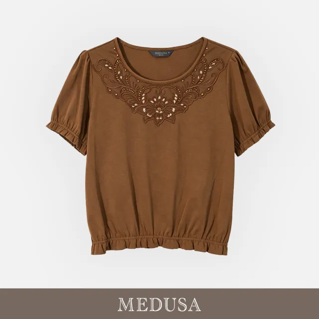 【MEDUSA 曼度莎】現貨-深棕蕾絲刺繡領造型上衣（M-XL）｜女上衣 短袖上衣 蕾絲上衣